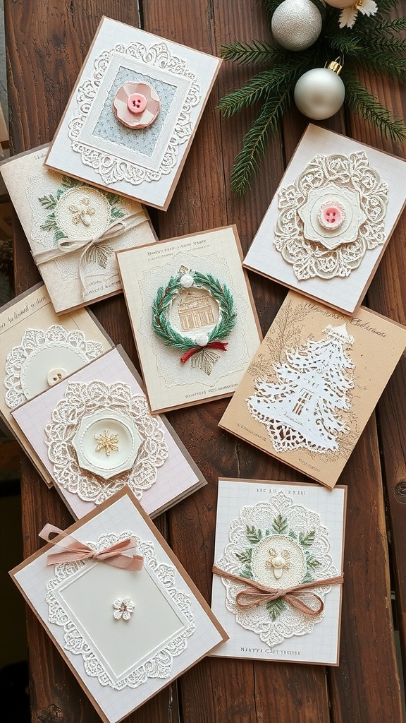 Handmade Vintage Shabby Chic Christmas Cards Handmade vintage shabby chic Christmas cards with lace and buttons on a rustic table.